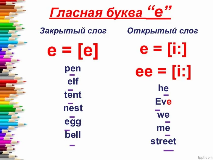 Гласная буква “e” Закрытый слог e = [e] pen elf tent