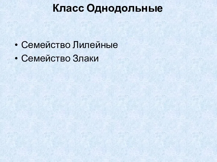 Класс Однодольные Семейство Лилейные Семейство Злаки