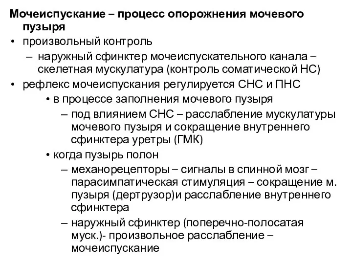 Мочеиспускание – процесс опорожнения мочевого пузыря произвольный контроль наружный сфинктер мочеиспускательного