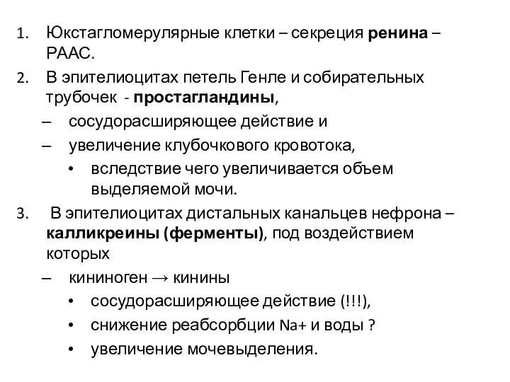 Юкстагломерулярные клетки – секреция ренина – РААС. В эпителиоцитах петель Генле