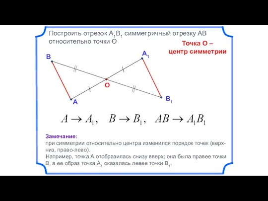А1 А О Построить отрезок А1В1 симметричный отрезку АВ относительно точки