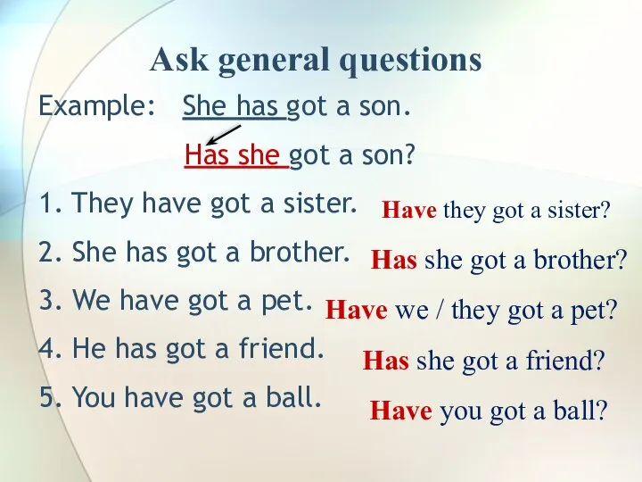 Ask general questions Example: She has got a son. Has she