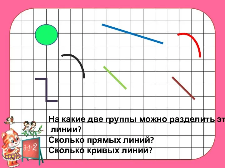 На какие две группы можно разделить эти линии? Сколько прямых линий? Сколько кривых линий?