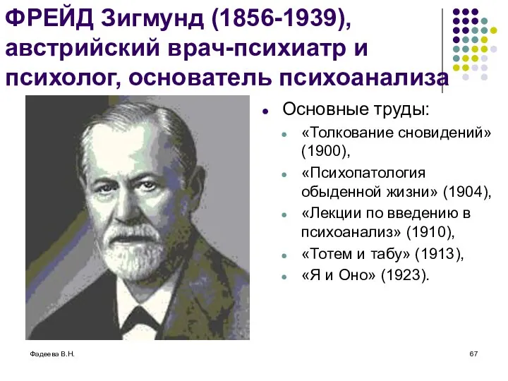 Фадеева В.Н. ФРЕЙД Зигмунд (1856-1939), австрийский врач-психиатр и психолог, основатель психоанализа