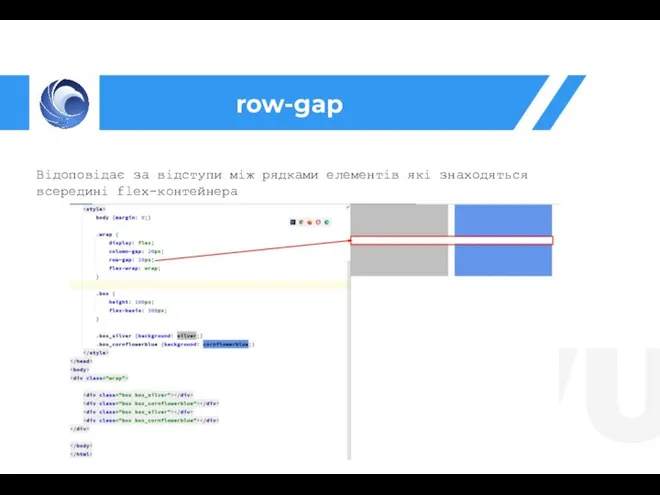 row-gap Відоповідає за відступи між рядками елементів які знаходяться всередині flex-контейнера