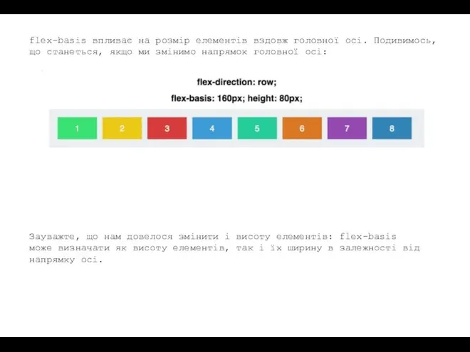 flex-basis впливає на розмір елементів вздовж головної осі. Подивимось, що станеться,