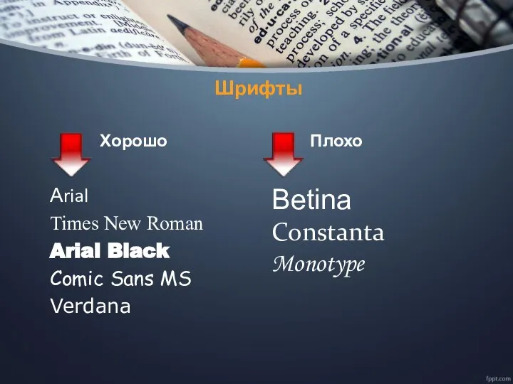 Шрифты Хорошо Аrial Times New Roman Arial Black Comic Sans MS Verdana Плохо Betina Constanta Monotype