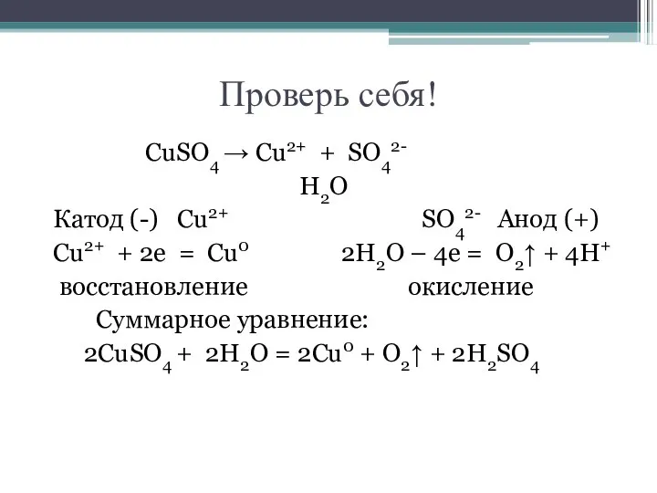 Проверь себя! CuSO4 → Cu2+ + SO42- H2O Катод (-) Cu2+