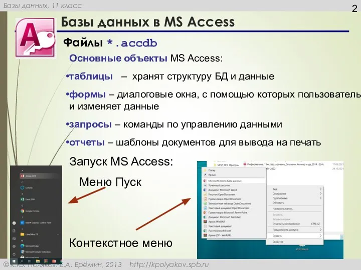 Базы данных в MS Aсcess Файлы *.ассdb Основные объекты MS Access: