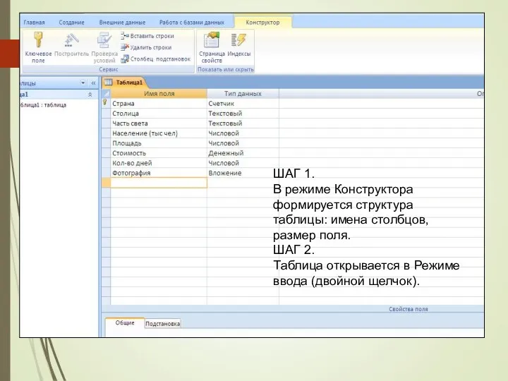 ШАГ 1. В режиме Конструктора формируется структура таблицы: имена столбцов, размер