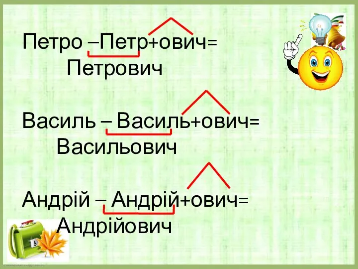 Петро –Петр+ович= Петрович Василь – Василь+ович= Васильович Андрій – Андрій+ович= Андрійович