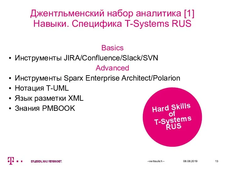 Джентльменский набор аналитика [1] Навыки. Специфика T-Systems RUS Basics Инструменты JIRA/Confluence/Slack/SVN
