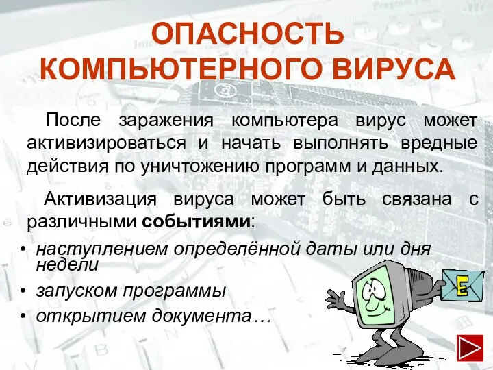 После заражения компьютера вирус может активизироваться и начать выполнять вредные действия