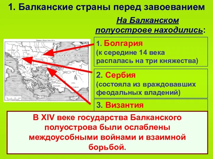 1. Балканские страны перед завоеванием На Балканском полуострове находились: 1. Болгария