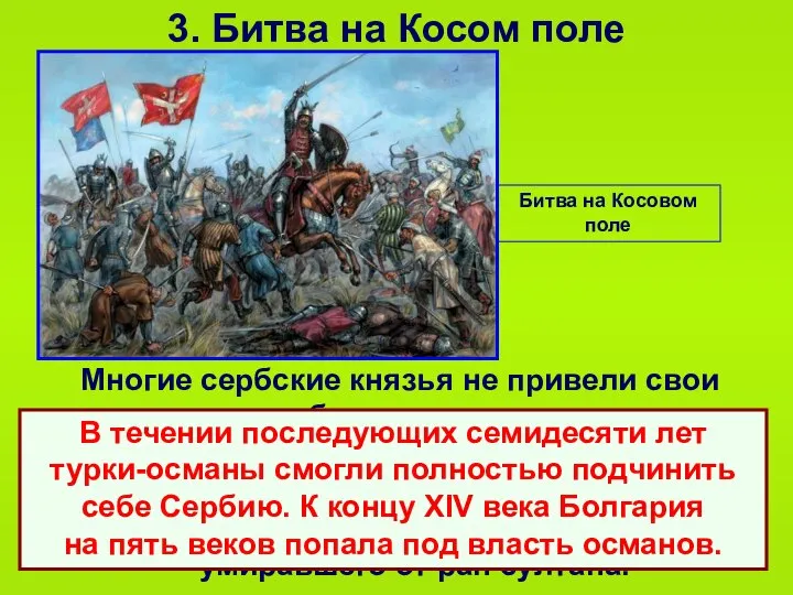 3. Битва на Косом поле Многие сербские князья не привели свои