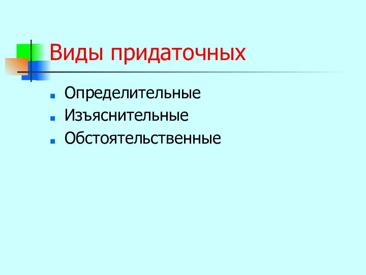 Виды придаточных Определительные Изъяснительные Обстоятельственные