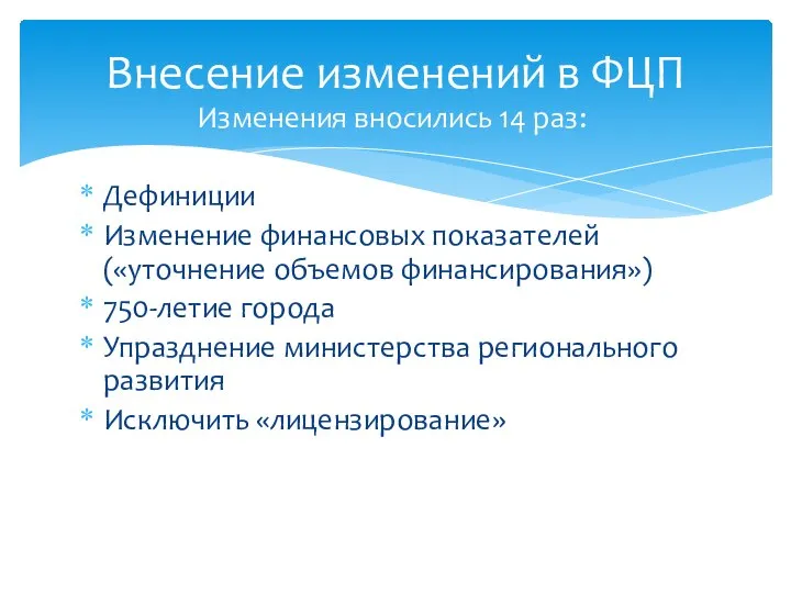 Изменения вносились 14 раз: Дефиниции Изменение финансовых показателей(«уточнение объемов финансирования») 750-летие