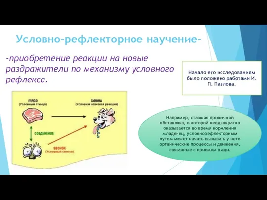 Условно-рефлекторное научение- -приобретение реакции на новые раздражители по механизму условного рефлекса.