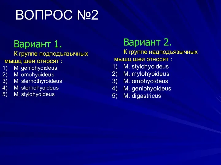 ВОПРОС №2 Вариант 1. К группе подподъязычных мышц шеи относят :