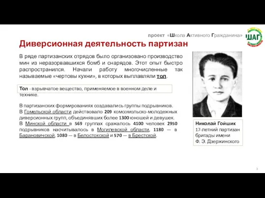 Диверсионная деятельность партизан Николай Гойшик 17-летний партизан бригады имени Ф. Э.