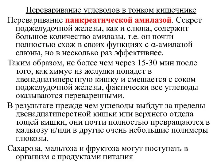 Переваривание углеводов в тонком кишечнике Переваривание панкреатической амилазой. Секрет поджелудочной железы,