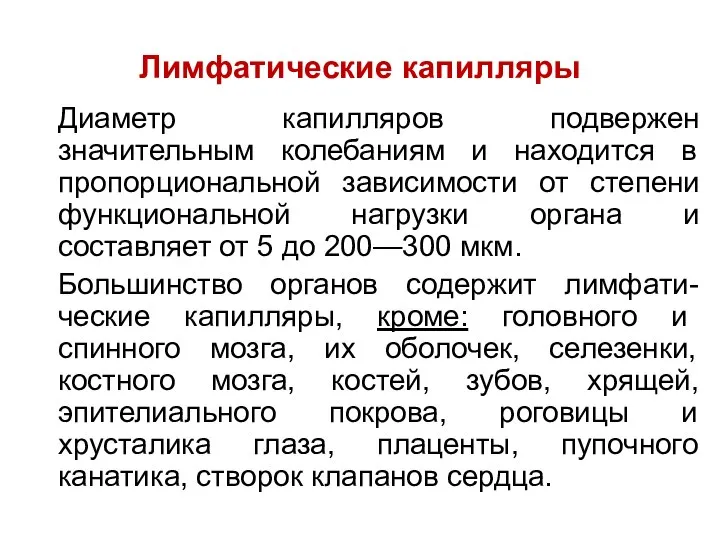 Лимфатические капилляры Диаметр капилляров подвержен значительным колебаниям и находится в пропорциональной