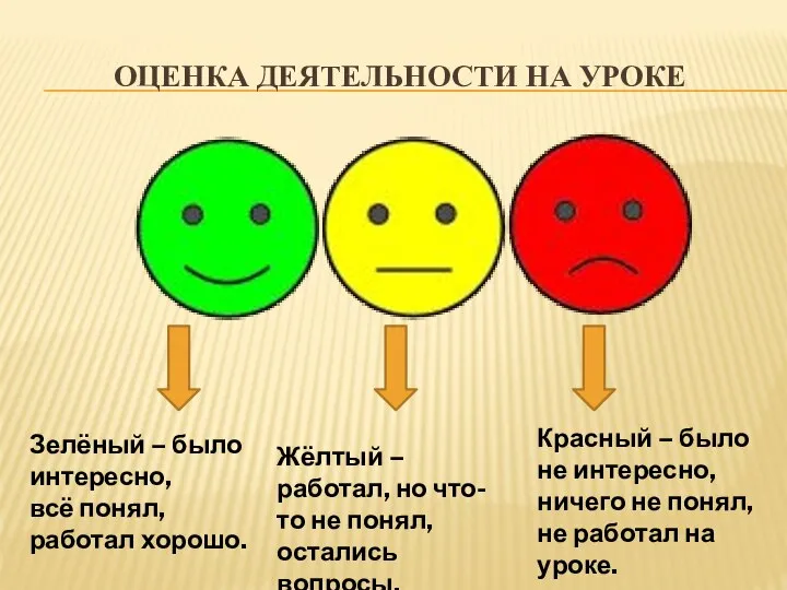 ОЦЕНКА ДЕЯТЕЛЬНОСТИ НА УРОКЕ Зелёный – было интересно, всё понял, работал