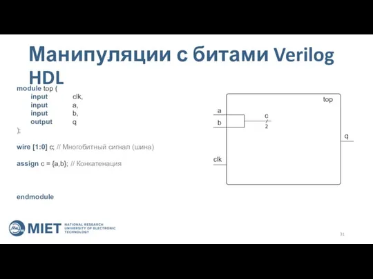 Манипуляции с битами Verilog HDL top a b clk q module