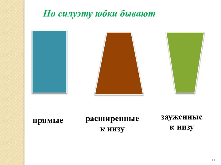 По силуэту юбки бывают расширенные к низу зауженные к низу прямые