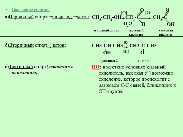 Окисление спиртов а)Первичный спирт альдегид кетон: б)Вторичный спирт кетон: в)Третичный спирт(устойчив