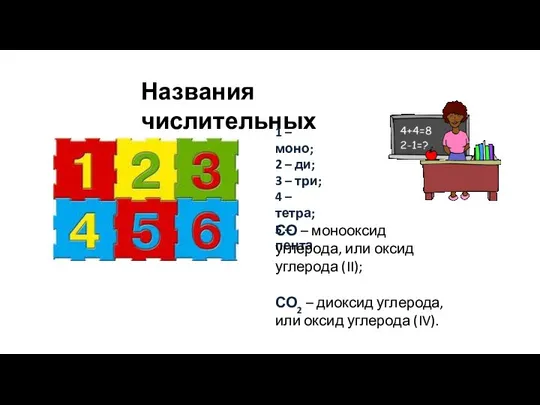 Названия числительных 1 – моно; 2 – ди; 3 – три;