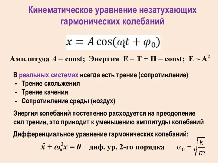 Кинематическое уравнение незатухающих гармонических колебаний Амплитуда А = const; Энергия E