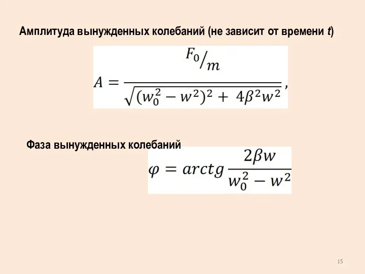 Амплитуда вынужденных колебаний (не зависит от времени t) Фаза вынужденных колебаний