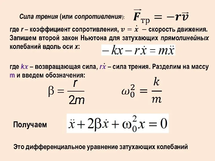 Сила трения (или сопротивления): . Получаем . . Это дифференциальное уравнение затухающих колебаний