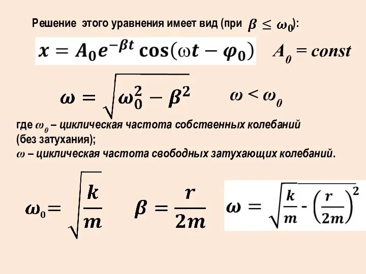 Решение этого уравнения имеет вид (при ): где ω0 – циклическая