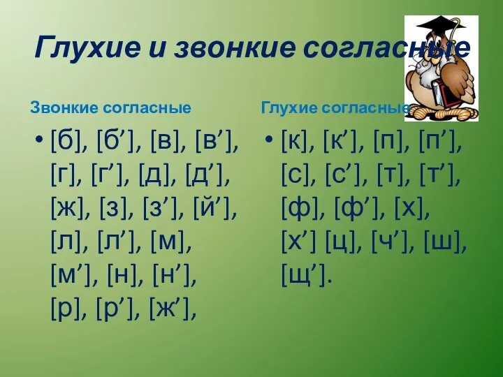 Глухие и звонкие согласные Звонкие согласные [б], [б’], [в], [в’], [г],