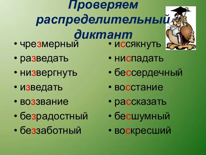 Проверяем распределительный диктант чрезмерный разведать низвергнуть изведать воззвание безрадостный беззаботный иссякнуть