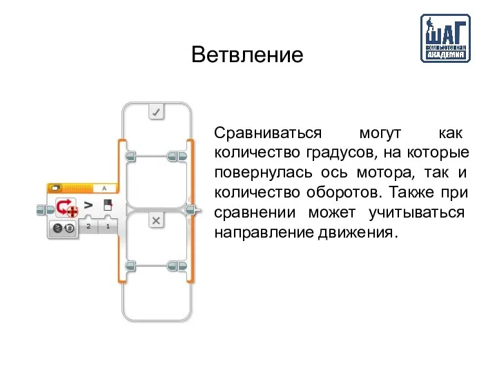 Ветвление Сравниваться могут как количество градусов, на которые повернулась ось мотора,