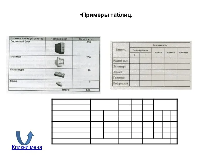 Примеры таблиц. Кликни меня