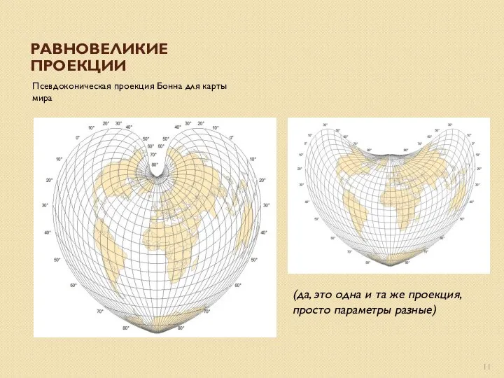 РАВНОВЕЛИКИЕ ПРОЕКЦИИ Псевдоконическая проекция Бонна для карты мира (да, это одна