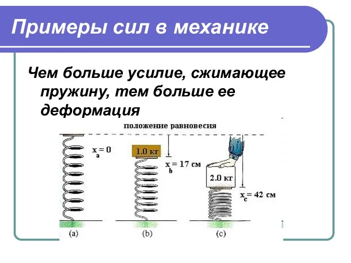 Примеры сил в механике Чем больше усилие, сжимающее пружину, тем больше ее деформация