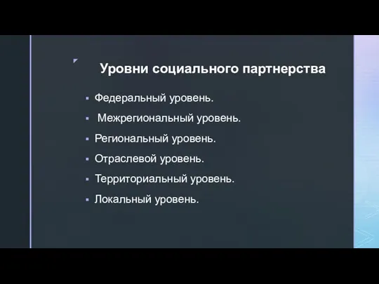 Уровни социального партнерства Фе­де­раль­ный уро­вень. Меж­ре­ги­о­наль­ный уро­вень. Ре­ги­о­наль­ный уро­вень. От­рас­ле­вой уро­вень. Тер­ри­то­ри­аль­ный уро­вень. Ло­каль­ный уро­вень.