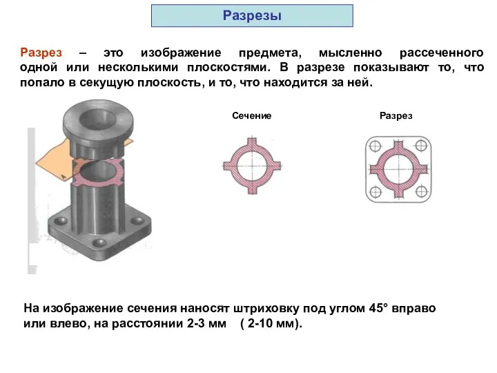 Разрез – это изображение предмета, мысленно рассеченного одной или несколькими плоскостями.