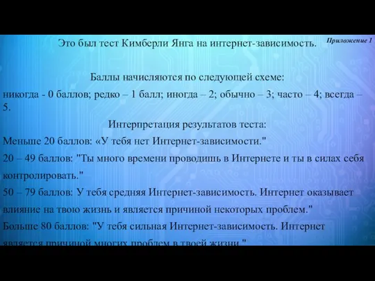 Это был тест Кимберли Янга на интернет-зависимость. Баллы начисляются по следующей