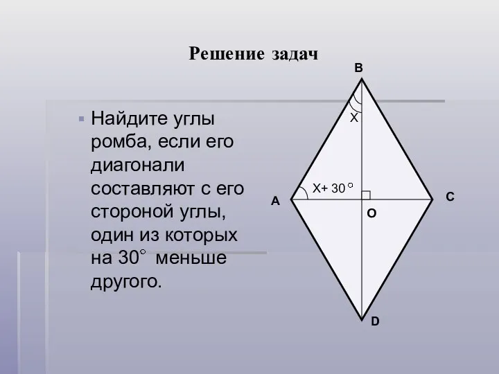 Решение задач Найдите углы ромба, если его диагонали составляют с его