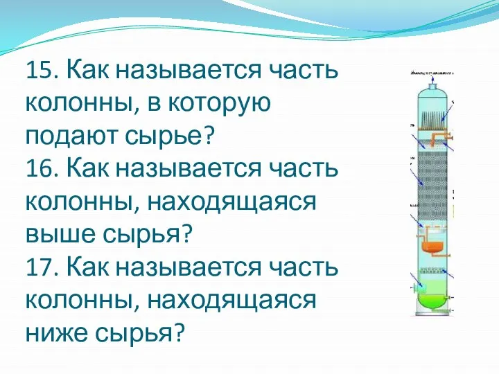 15. Как называется часть колонны, в которую подают сырье? 16. Как