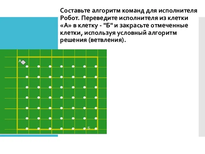 Составьте алгоритм команд для исполнителя Робот. Переведите исполнителя из клетки «А»