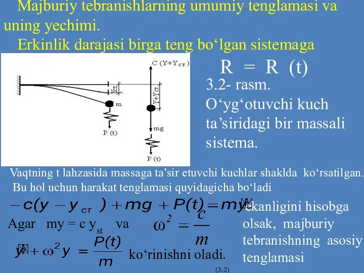 Majburiy tebranishlarning umumiy tenglamasi va uning yechimi. Erkinlik darajasi birga teng