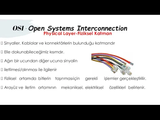 Physical Layer-Fiziksel Katman Sinyaller, Kablolar ve konnektörlerin bulunduğu katmandır Elle dokunabileceğimiz