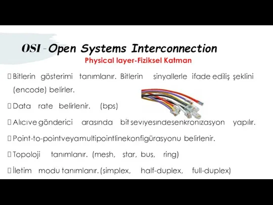 Physical layer-Fiziksel Katman Bitlerin gösterimi tanımlanır. Bitlerin sinyallerle ifade ediliş şeklini